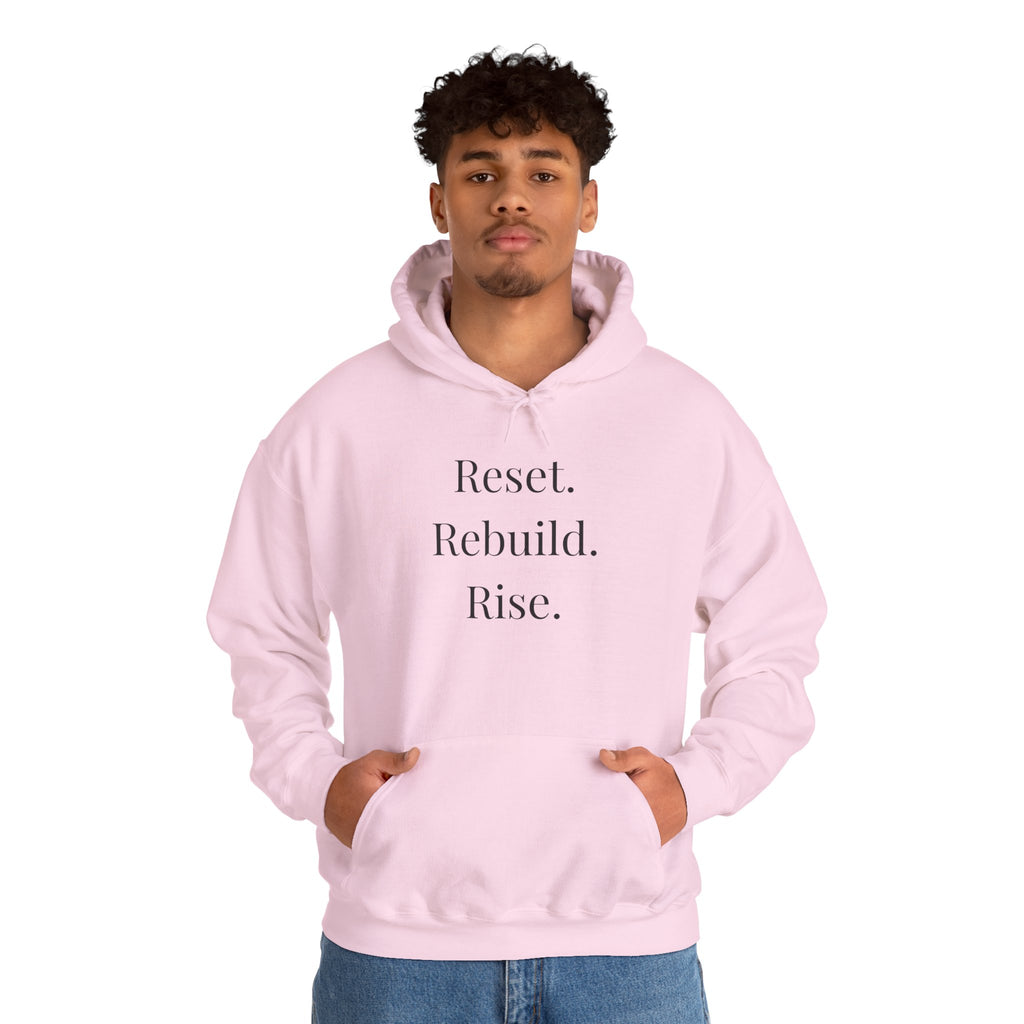 Hoodie — "Reset. Rebuild. Rise." Minimal Inspirational Pullover, Motivational Pullover"